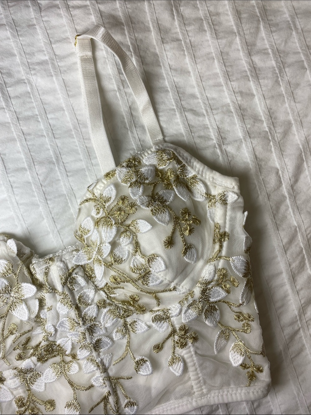 Embroidered White & Gold Floral Bustier Top